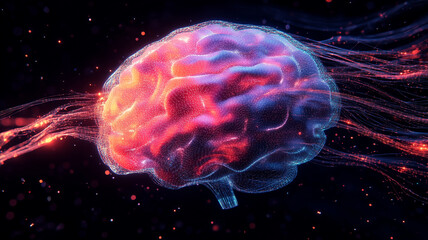 modern abstract representation of brain with electric energy flowing around it, symbolizing technology and innovation. vibrant colors create dynamic visual effect