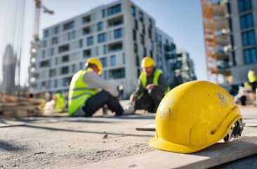 Construction Workers Resting During Building Project Near New Apartments