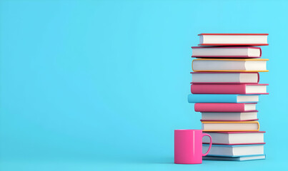 Colorful Books and Mug on a Bright Blue Background