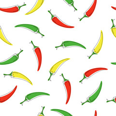 Multicolored chili peppers on a seamless white background. Vector illustration, hand-drawn, flat design. Element, background for design, packaging, textiles, wrapping paper. Bright spicy vegetable