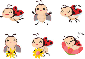 Set of cute ladybug cartoon with different expression