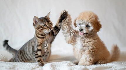 A Bengal cat and a Poodle puppy high fiving each other on a white background looking joyful