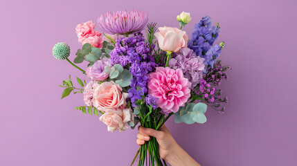 holding a bouquet of pink and purple flowers. Soft pastel-colored background