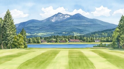 Watercolor landscape mountains loom over lake green field in foreground