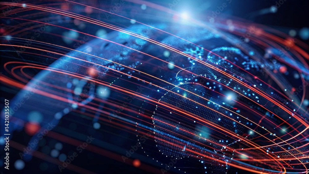 Poster Abstract depiction of high speed global data transmission technology, showcasing futuristic connectivity, digital communication flow, and virtual information exchange across networks