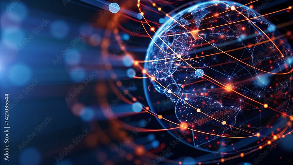 Poster Abstract depiction of high speed global data transmission technology, showcasing futuristic connectivity, digital communication flow, and virtual information exchange across networks