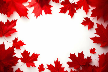Red maple leaf frame on white with ample copy space for Canada Day announcements or invites.