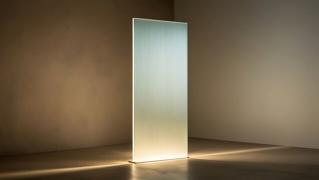 A tall, frosted glass sheet stands against a muted taupe background, softly backlit to reveal creamy white and faint blue gradients, with rippled edges and a serene, hazy glow.