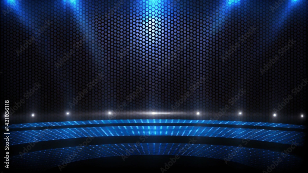 Aufkleber Abstract futuristic background of empty stage arena stadium spotlgiht stage background, glowing lights digital space sci fi scene performance platform illumination beam event concert