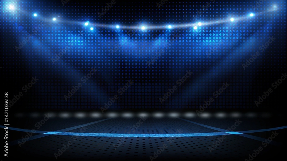 Poster Abstract futuristic background of empty stage arena stadium spotlgiht stage background, glowing lights digital space sci fi scene performance platform illumination beam event concert