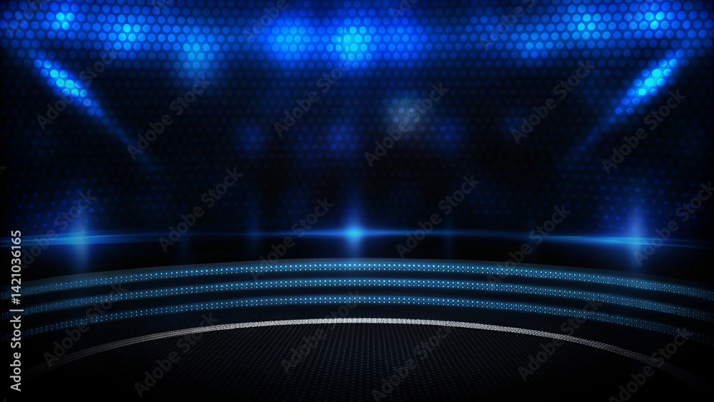 Poster Abstract futuristic background of empty stage arena stadium spotlgiht stage background, glowing lights digital space sci fi scene performance platform illumination beam event concert