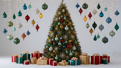 Festive christmas tree with ornaments and gifts in a bright setting