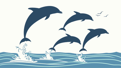 Dolphins Jumping Silhouette Vector Ocean Marine Illustration