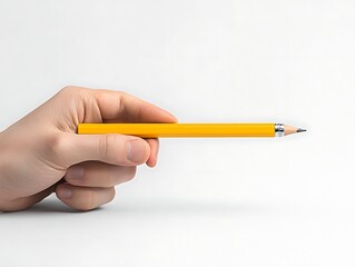 Hand holding pencil, white background
