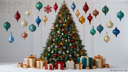 Decorated christmas tree with hanging ornaments and wrapped presents below