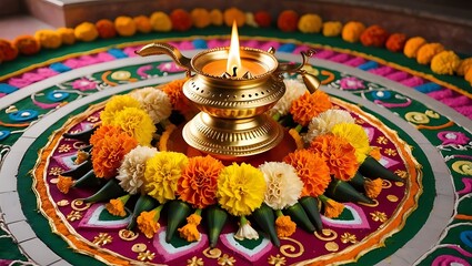 Decorated diya with flowers on a colorful rangoli design background