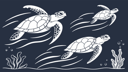 Sea Turtles Marine Life Ocean White Line Art Vector