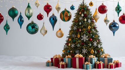 Christmas tree with ornaments and gifts in a festive holiday setting