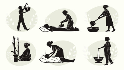 Black and White Silhouette Vector Art Traditional Spa Massage Therapy Stages Wellness Relaxation Holistic Treatment