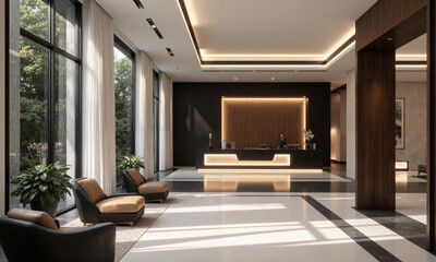 Fototapeta premium Luxury reception area with a glass desk, contemporary seating, and dark wood accents. Soft, warm ambient lighting and focused task lighting over
