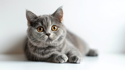A British Shorthair cat with round golden eyes sitting on a clean white background looking curious 
