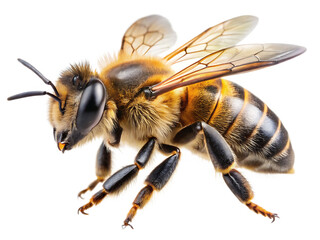 A stunning bee is flying, isolated on white background