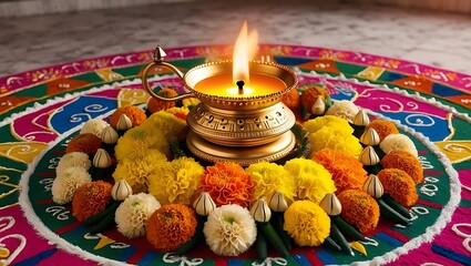 A diya lamp surrounded by marigolds on a colorful rangoli design
