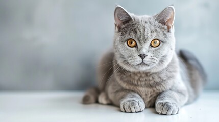 A British Shorthair cat with round golden eyes sitting on a clean white background looking curious 