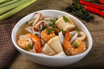 Vietnamese Pho Bo soup with seafood