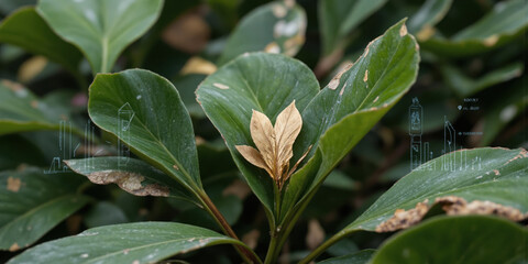 Sustainable Innovation Gold Leaf on Green with Circular Economy Icon Delicate gold leaf accents on green leaves, overlaid