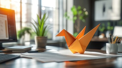 Orange origami crane on a modern workspace. A beautiful paper bird sits on a wooden desk amidst office supplies