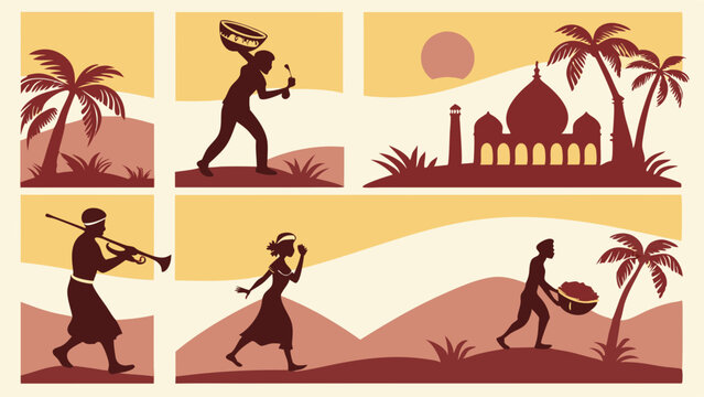 indian people silhouettes, landscape, sunset, palm trees clip art preview
