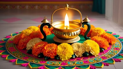 Decorative diya with floral rangoli for diwali celebration on the floor