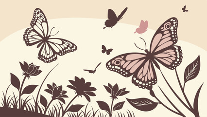 Vintage Beige Brown Monarch Butterfly Flower Silhouette Vector Art Stock Image