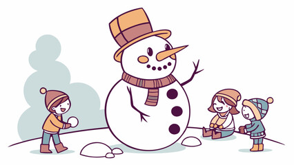 Cartoon Kids Building Big Snowman Winter Fun with Hat Scarf Snowballs