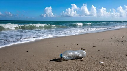 A weathered plastic bottle lies half-buried in the sand, its presence stark against the serene backdrop of rolling ocean waves, symbolizing the impact of pollution on nature.