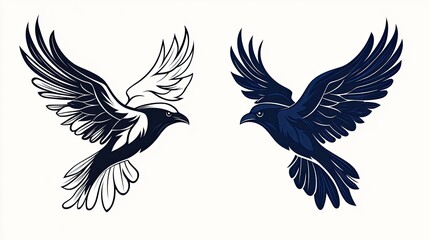 Fototapeta premium Two stylized ravens in flight, one in black and white, the other in dark blue. Detailed wing and body designs