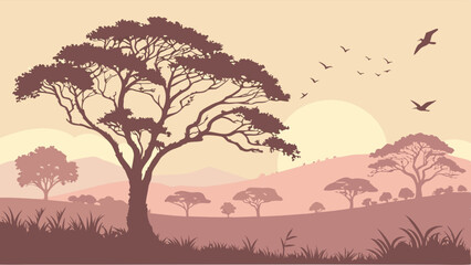 Scenic African Savanna Silhouette Landscape Trees Birds Sunset Vector Illustration