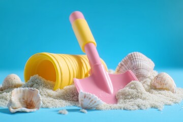 Colorful beach toys on blue surface