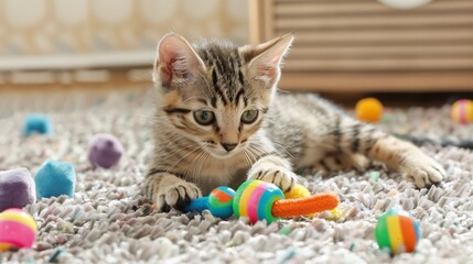 A cute kitten playing with colorful cat toys on a soft rug showcasing adorable feline behavior and playful energy