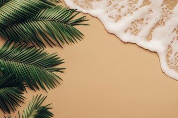 Tropical beach scene, palm leaves and foamy wave