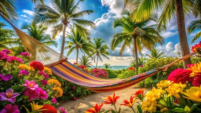 A colorful weekend getaway with a hammock and tropical flowers, vacation, tropical flowers,  vacation