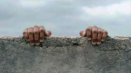 Each strained finger pressed to the rugged surface tells a silent story of struggle and unwavering determination in the face of challenge.

