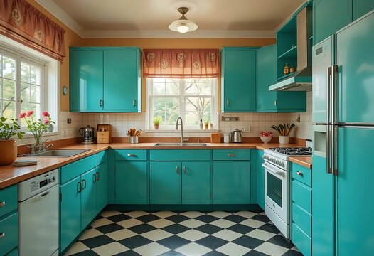 Retro Teal Kitchen: Sunlit Charm and Checkered Floor - Powered by Adobe