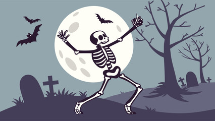 Halloween Cartoon Skeleton Dancing Graveyard Bats Moon Tombstones Night Image