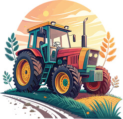 Obraz premium Tractor in Wheat Field – Rural Farming Vector Scene