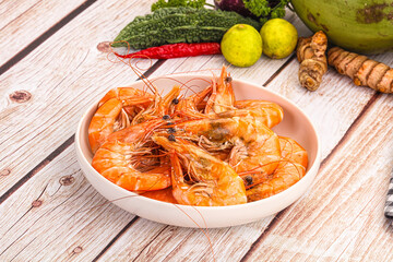 Tasty hot big boiled prawns