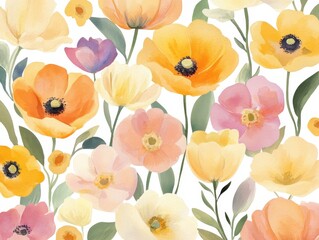 Watercolor wildflowers in a vibrant mix of pastel and bright hues