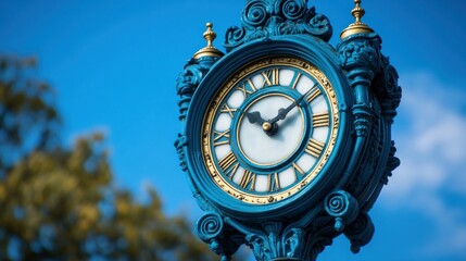 Ornate blue clock against a clear blue sky