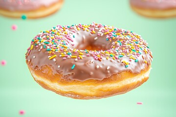 Donut in mid-air, pastel backdrop